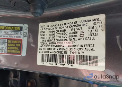 2013 Honda Cr-V Lx z USA, uszkodzony, nr VIN 2HKRM4H30DH662865